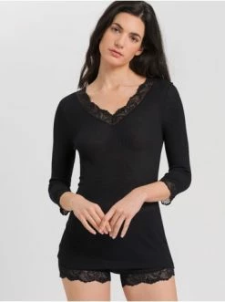 Große Größen Hanro T-Shirt Woolen Lace 3/4-Arm In Schwarz Günstig Kaufen -hanro shop hanro t shirt woolen lace 3 4 arm in schwarz 2