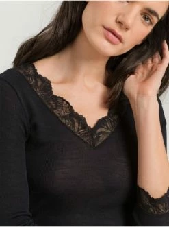 Große Größen Hanro T-Shirt Woolen Lace 3/4-Arm In Schwarz Günstig Kaufen -hanro shop hanro t shirt woolen lace 3 4 arm in schwarz 5