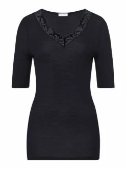 Große Größen Hanro T-Shirt Woolen Lace In Schwarz Günstig Kaufen